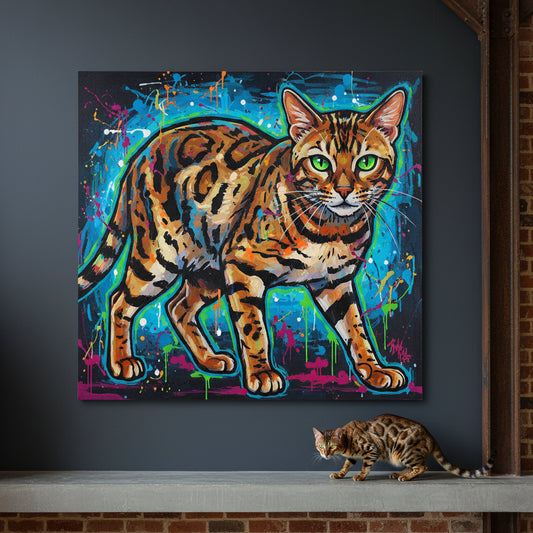 Pop Comic Canvas room mockup; custom cat portrait canvas from photo in the Pop Comic style; spotted tabby-like cat; proof before print.