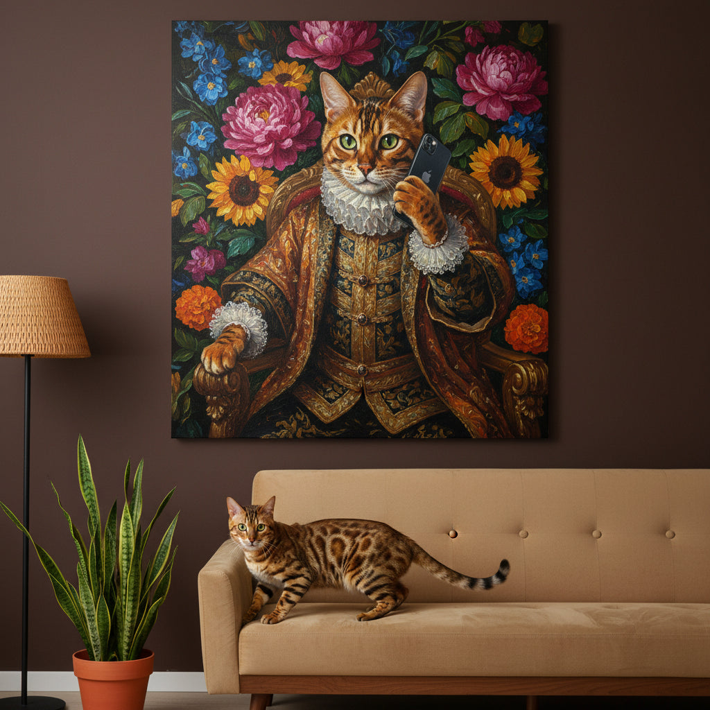 The Phone Call Canvas room mockup; custom cat portrait canvas from photo in the The Phone Call style; storytelling; spotted tabby-like cat; proof before print.