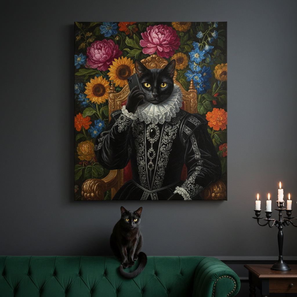 The Phone Call Canvas room mockup; custom cat portrait canvas from photo in the The Phone Call style; storytelling; black cat; proof before print.