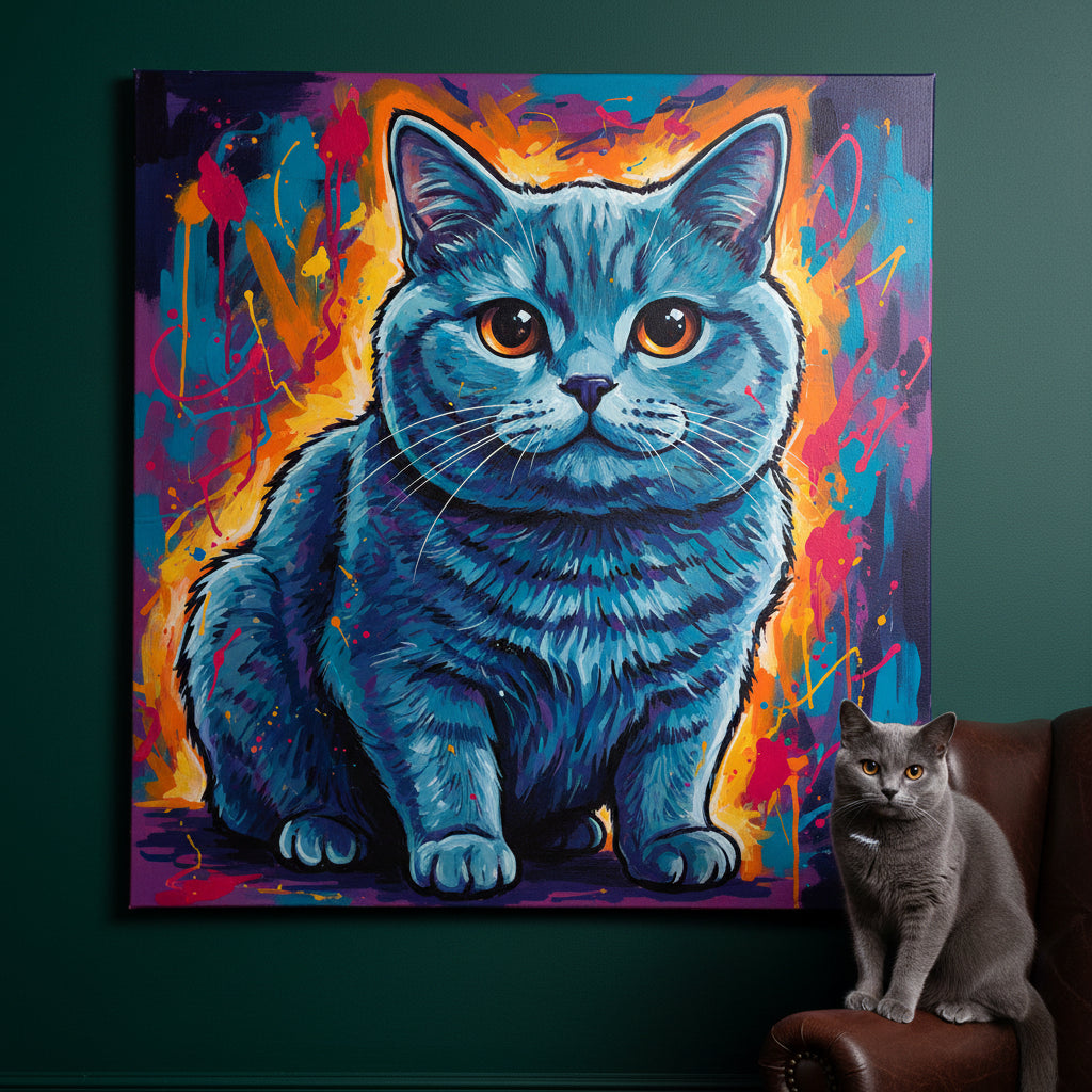Pop Comic Canvas room mockup; custom cat portrait canvas from photo in the Pop Comic style; gray cat; proof before print.