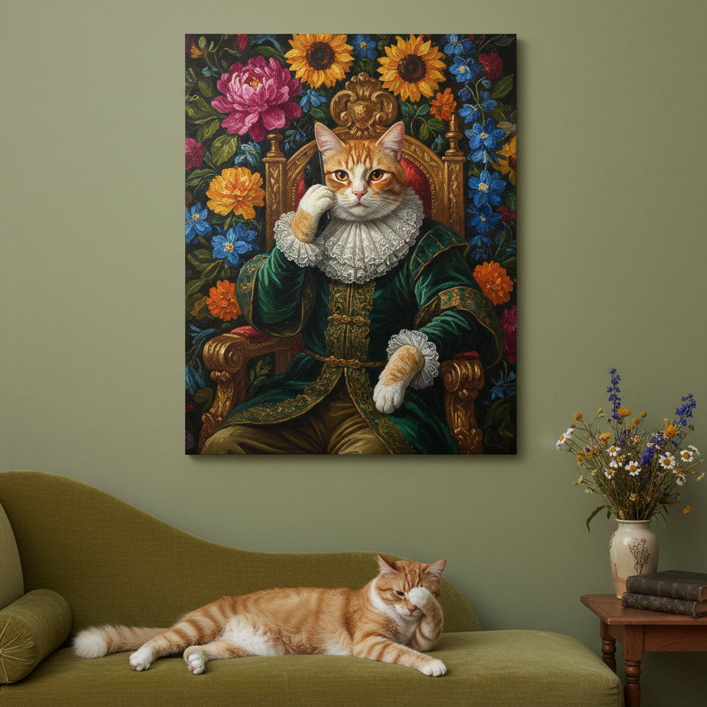 The Phone Call Canvas room mockup; custom cat portrait canvas from photo in the The Phone Call style; storytelling; orange tabby cat; proof before print.