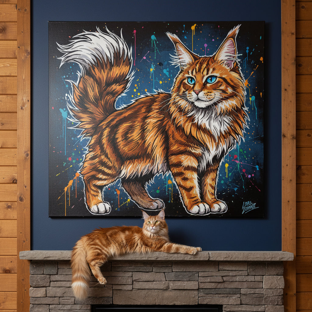 Pop Comic Canvas room mockup; custom cat portrait canvas from photo in the Pop Comic style; longhair cat; proof before print.