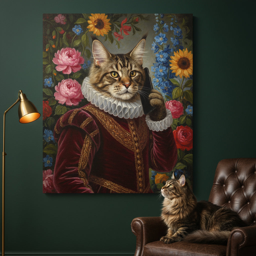 The Phone Call Canvas room mockup; custom cat portrait canvas from photo in the The Phone Call style; storytelling; longhair cat; proof before print.
