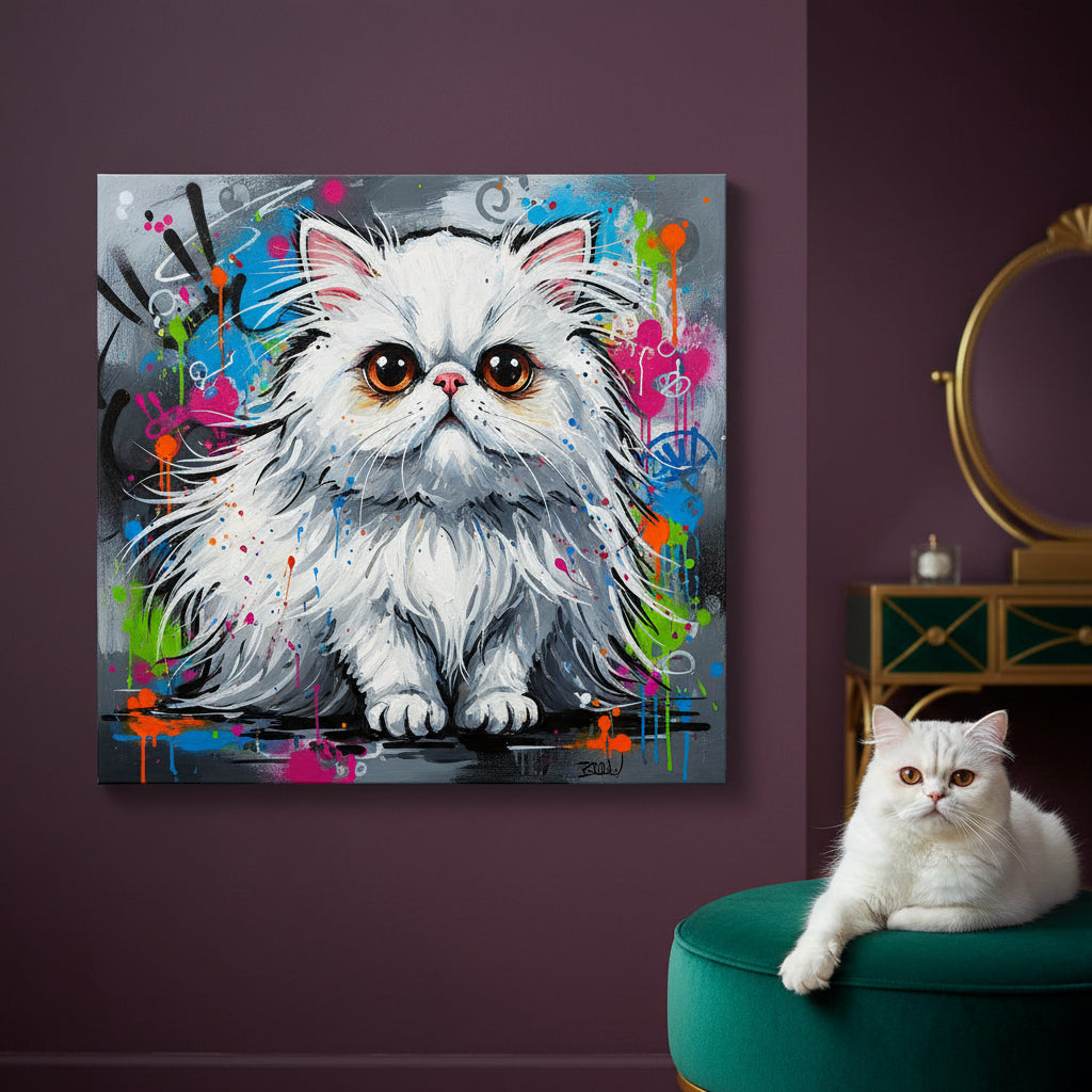 Pop Comic Canvas room mockup; custom cat portrait canvas from photo in the Pop Comic style; longhair cat; proof before print.