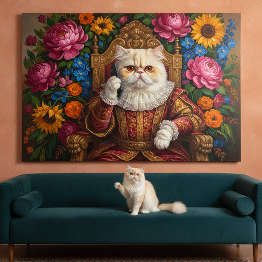 The Phone Call Canvas room mockup; custom cat portrait canvas from photo in the The Phone Call style; storytelling; longhair cat; proof before print.
