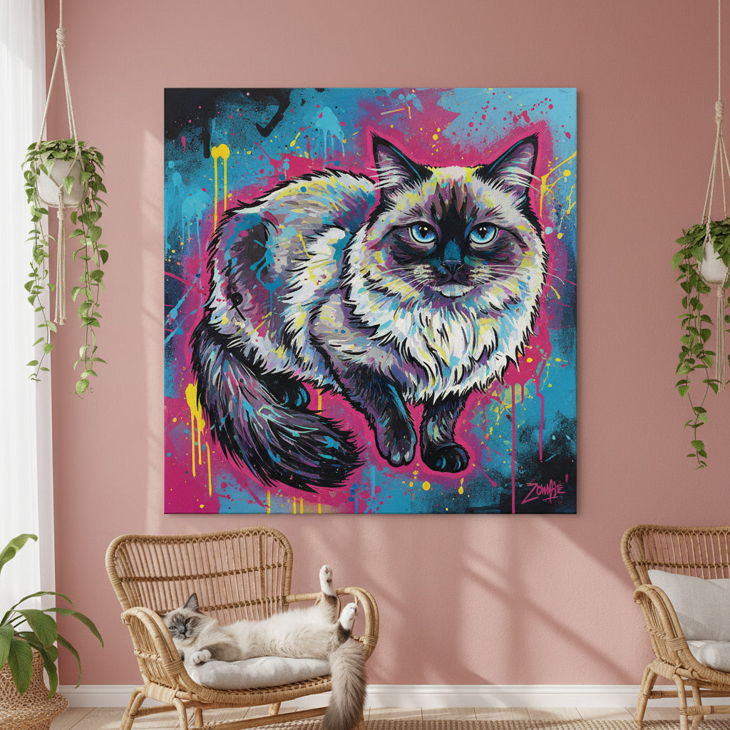 Pop Comic Canvas room mockup; custom cat portrait canvas from photo in the Pop Comic style; longhair cat; proof before print.