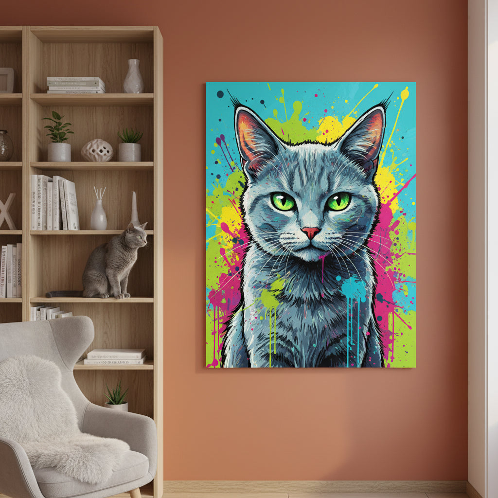 Pop Comic Canvas room mockup; custom cat portrait canvas from photo in the Pop Comic style; gray cat; proof before print.
