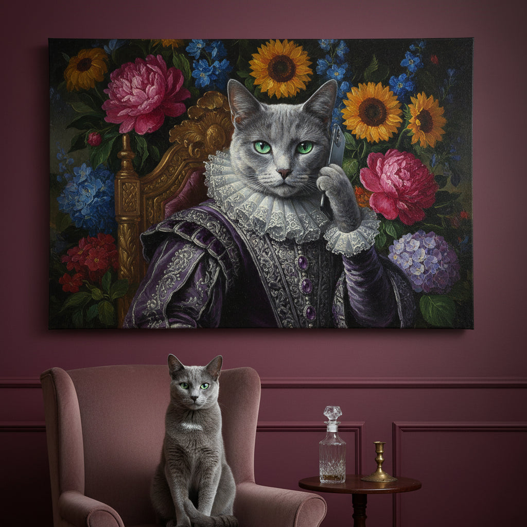 The Phone Call Canvas room mockup; custom cat portrait canvas from photo in the The Phone Call style; storytelling; gray cat; proof before print.