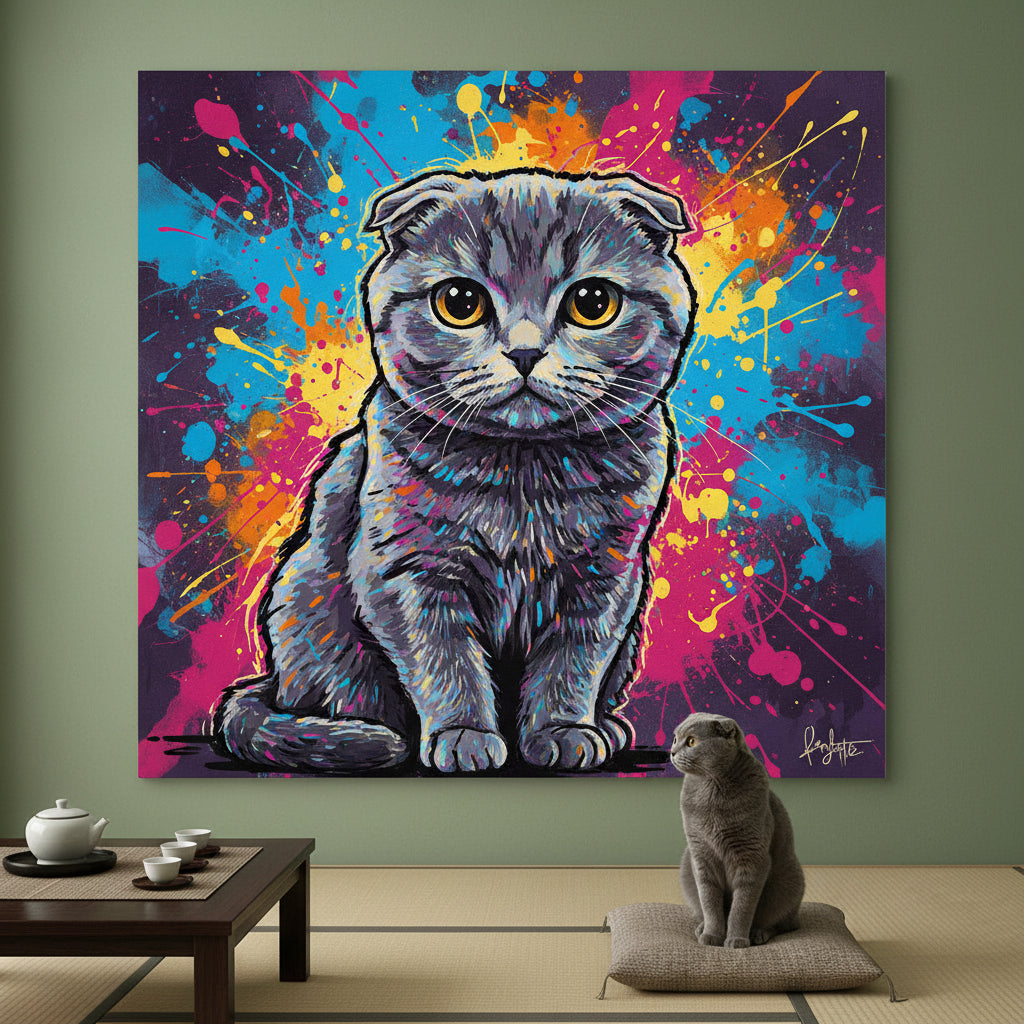 Pop Comic Canvas room mockup; custom cat portrait canvas from photo in the Pop Comic style; gray cat; proof before print.