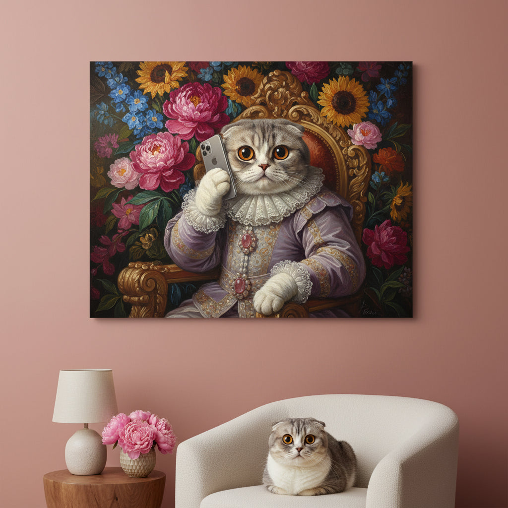 The Phone Call Canvas room mockup; custom cat portrait canvas from photo in the The Phone Call style; storytelling; gray cat; proof before print.