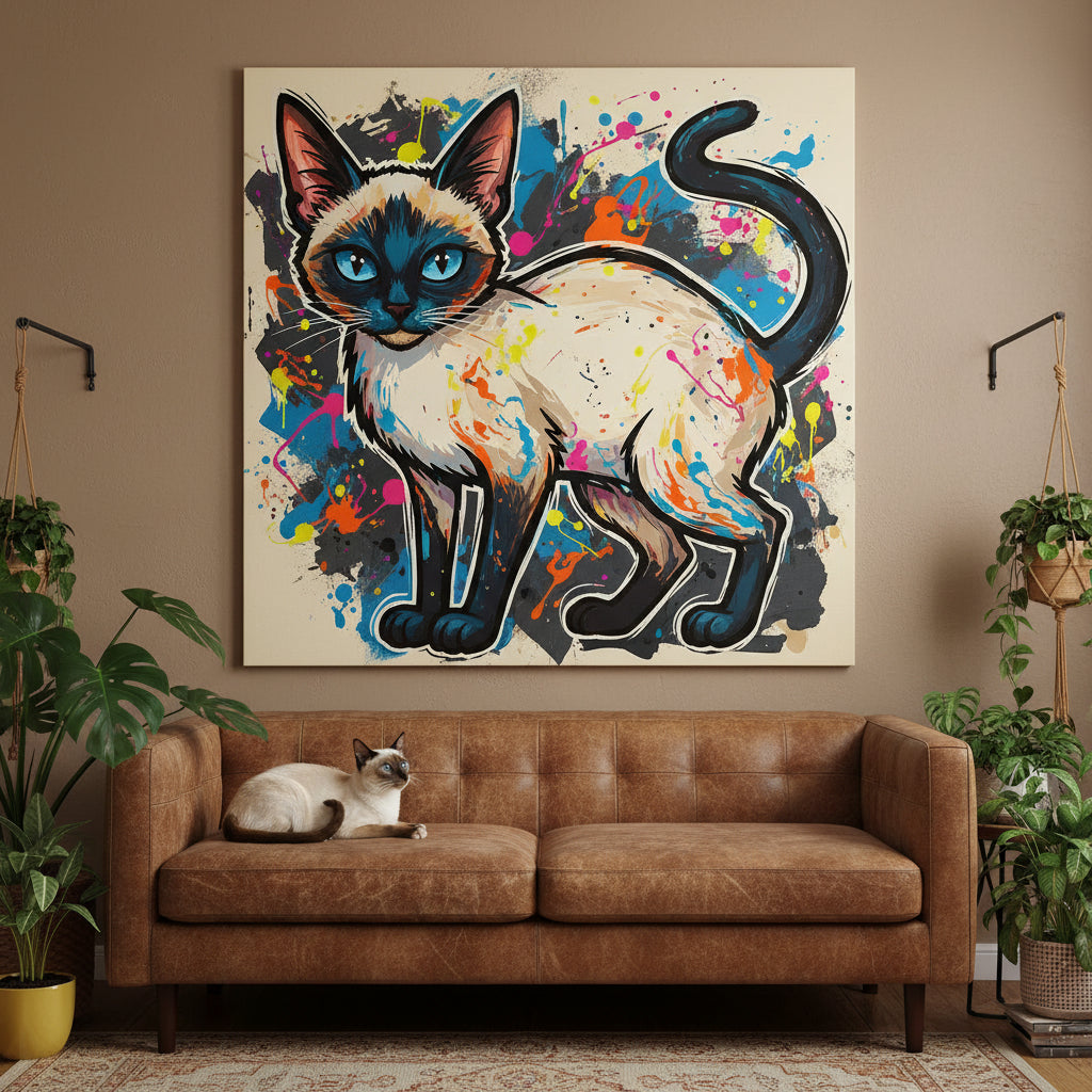 Pop Comic Canvas room mockup; custom cat portrait canvas from photo in the Pop Comic style; pointed cat; proof before print.