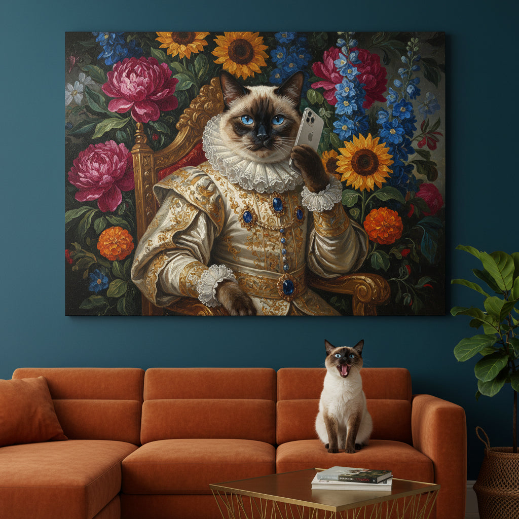 The Phone Call Canvas room mockup; custom cat portrait canvas from photo in the The Phone Call style; storytelling; pointed cat; proof before print.