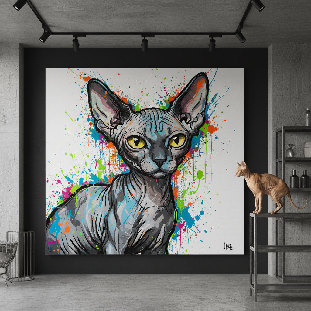 Pop Comic Canvas room mockup; custom cat portrait canvas from photo in the Pop Comic style; hairless cat; proof before print.
