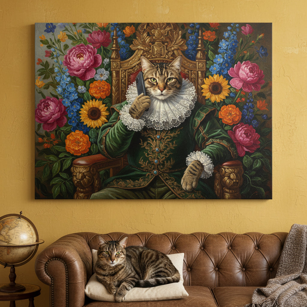 The Phone Call Canvas room mockup; custom cat portrait canvas from photo in the The Phone Call style; storytelling; brown tabby cat; proof before print.