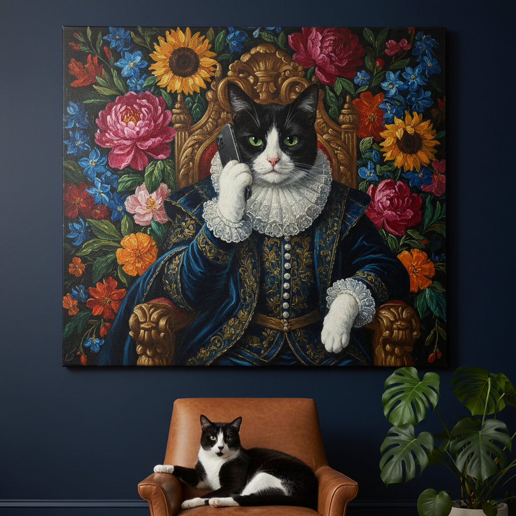 The Phone Call Canvas room mockup; custom cat portrait canvas from photo in the The Phone Call style; storytelling; tuxedo cat; proof before print.