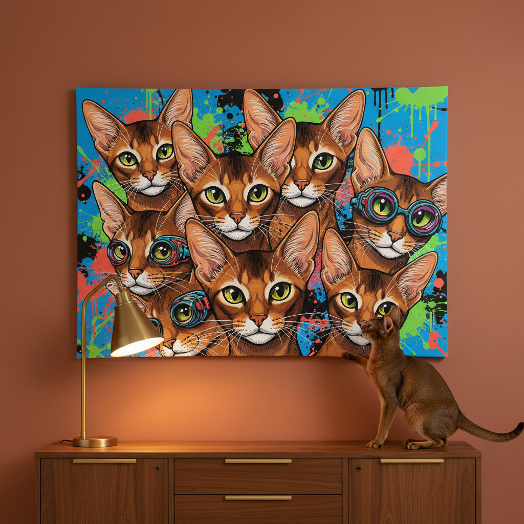 Pop Expression Collage Canvas room mockup; custom cat portrait canvas from photo in the Pop Expression Collage style; warm-toned cat; proof before print.