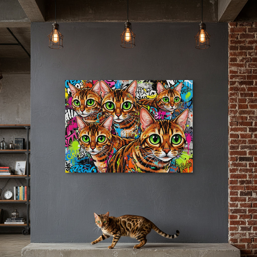 Pop Expression Collage Canvas room mockup; custom cat portrait canvas from photo in the Pop Expression Collage style; spotted tabby-like cat; proof before print.