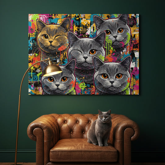 Pop Expression Collage Canvas room mockup; custom cat portrait canvas from photo in the Pop Expression Collage style; gray cat; proof before print.