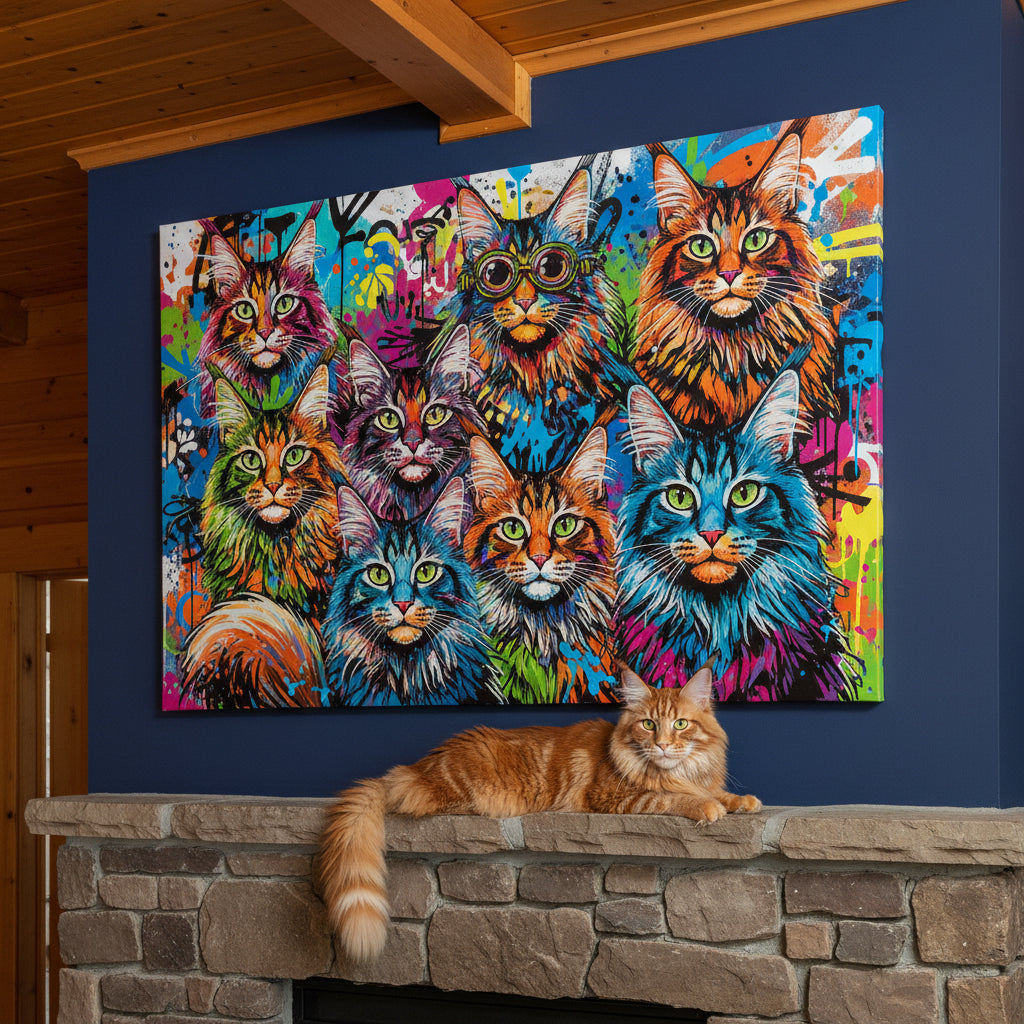 Pop Expression Collage Canvas room mockup; custom cat portrait canvas from photo in the Pop Expression Collage style; longhair cat; proof before print.