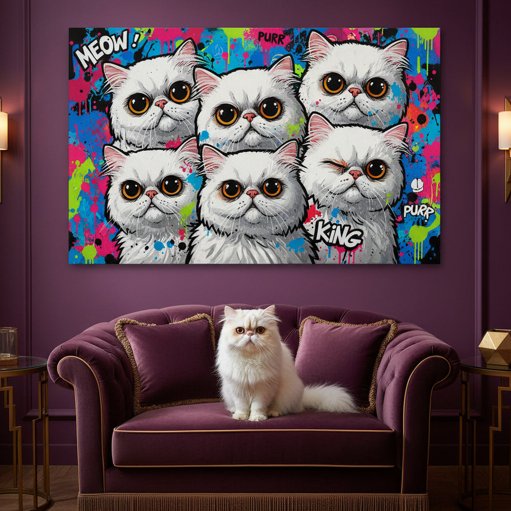 Pop Expression Collage Canvas room mockup; custom cat portrait canvas from photo in the Pop Expression Collage style; longhair cat; proof before print.