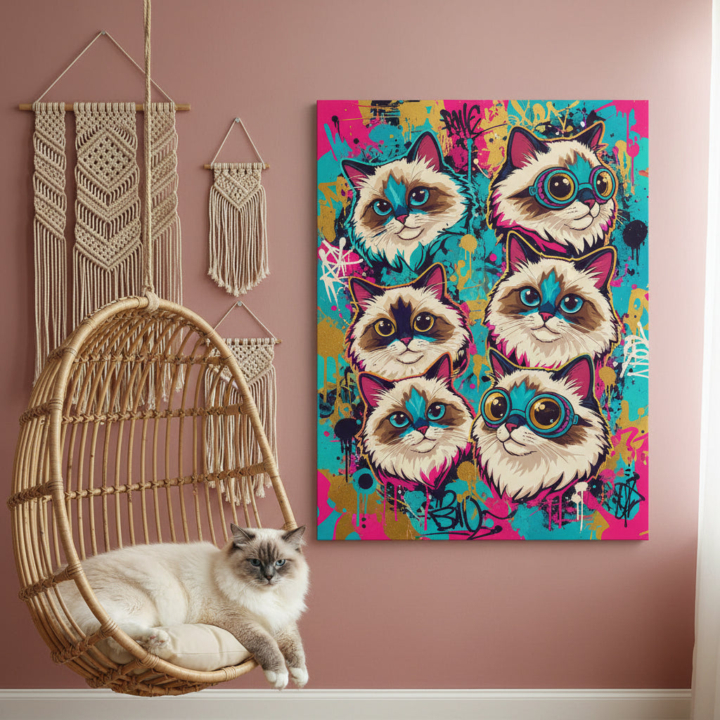 Pop Expression Collage Canvas room mockup; custom cat portrait canvas from photo in the Pop Expression Collage style; longhair cat; proof before print.