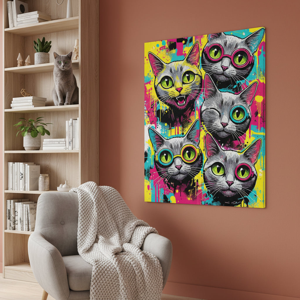 Pop Expression Collage Canvas room mockup; custom cat portrait canvas from photo in the Pop Expression Collage style; gray cat; proof before print.