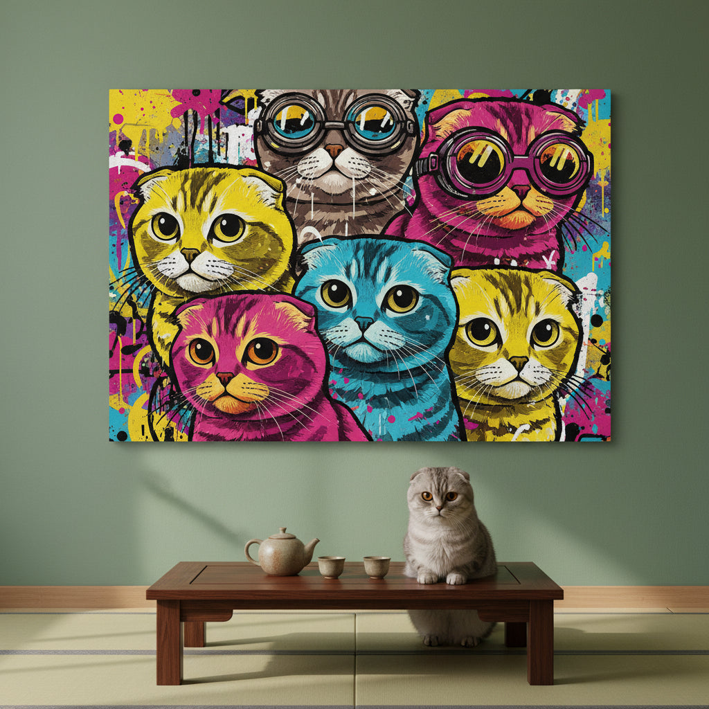Pop Expression Collage Canvas room mockup; custom cat portrait canvas from photo in the Pop Expression Collage style; gray cat; proof before print.