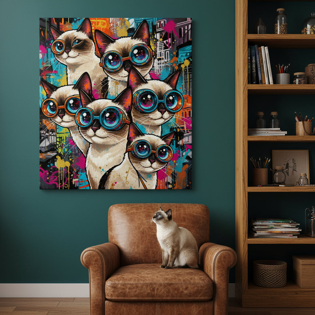 Pop Expression Collage Canvas room mockup; custom cat portrait canvas from photo in the Pop Expression Collage style; pointed cat; proof before print.
