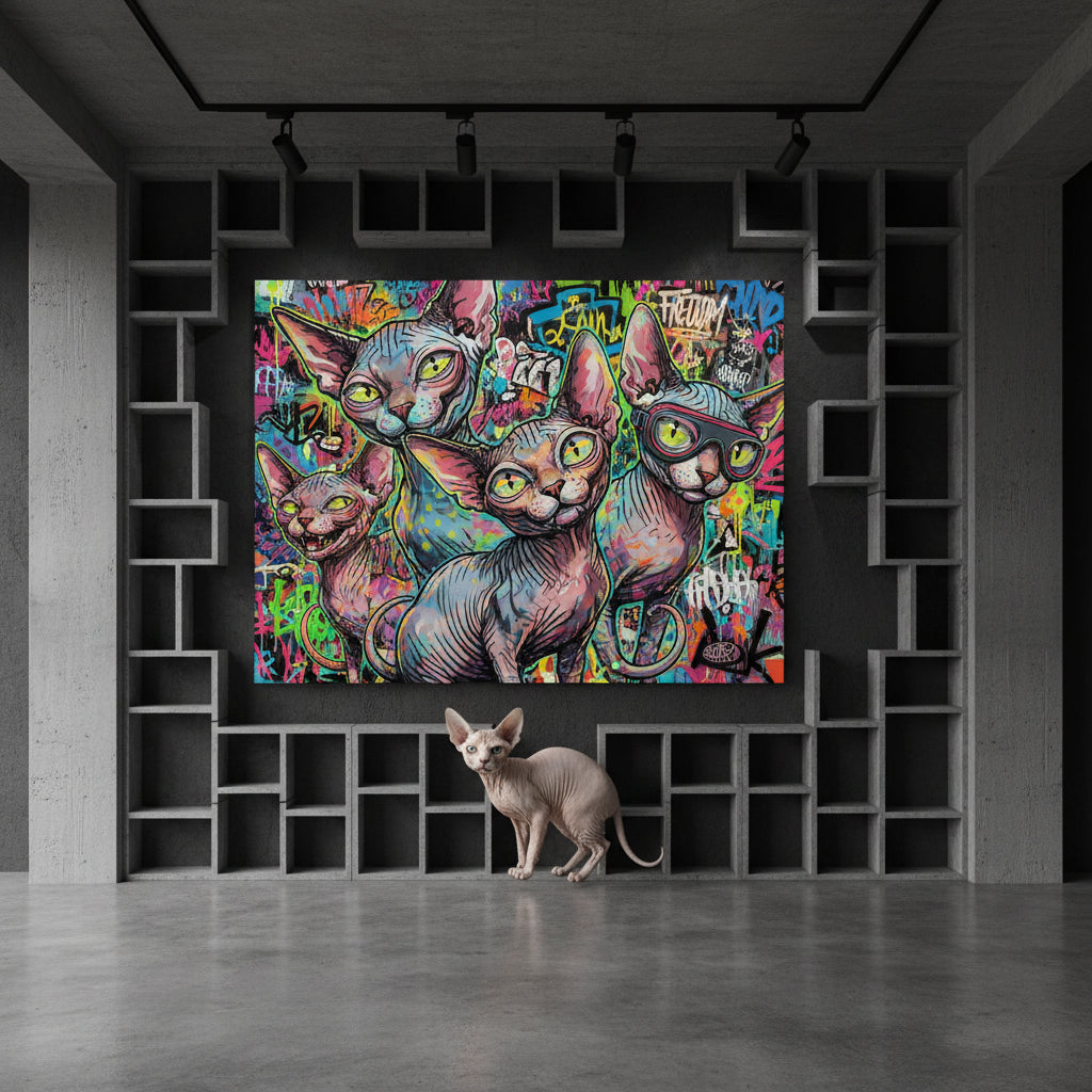 Pop Expression Collage Canvas room mockup; custom cat portrait canvas from photo in the Pop Expression Collage style; hairless cat; proof before print.