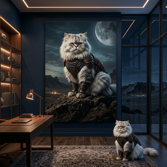 Desert Warrior Canvas room mockup; custom cat portrait canvas from photo in the Desert Warrior style; longhair cat; proof before print.