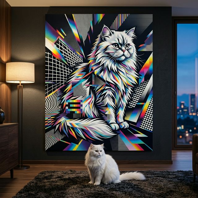 Neon Tech Pop Canvas room mockup; custom cat portrait canvas from photo in the Neon Tech Pop style; longhair cat; proof before print.
