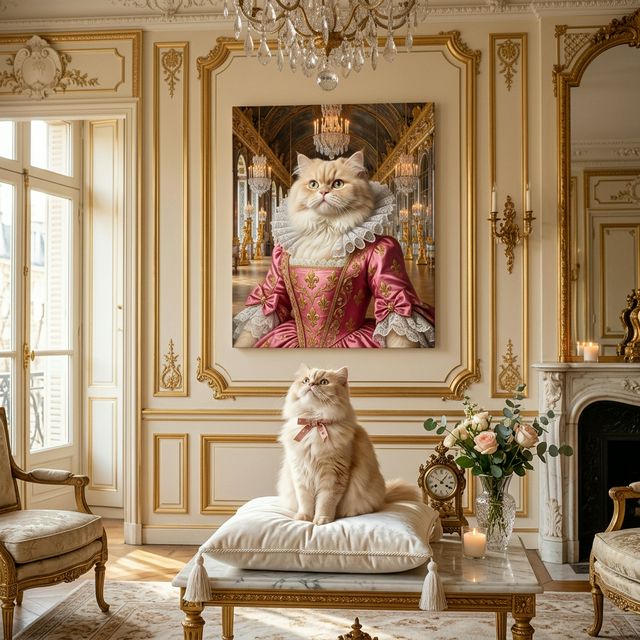 The Sovereign Canvas room mockup; custom cat portrait canvas from photo in the The Sovereign style; longhair cat; proof before print.
