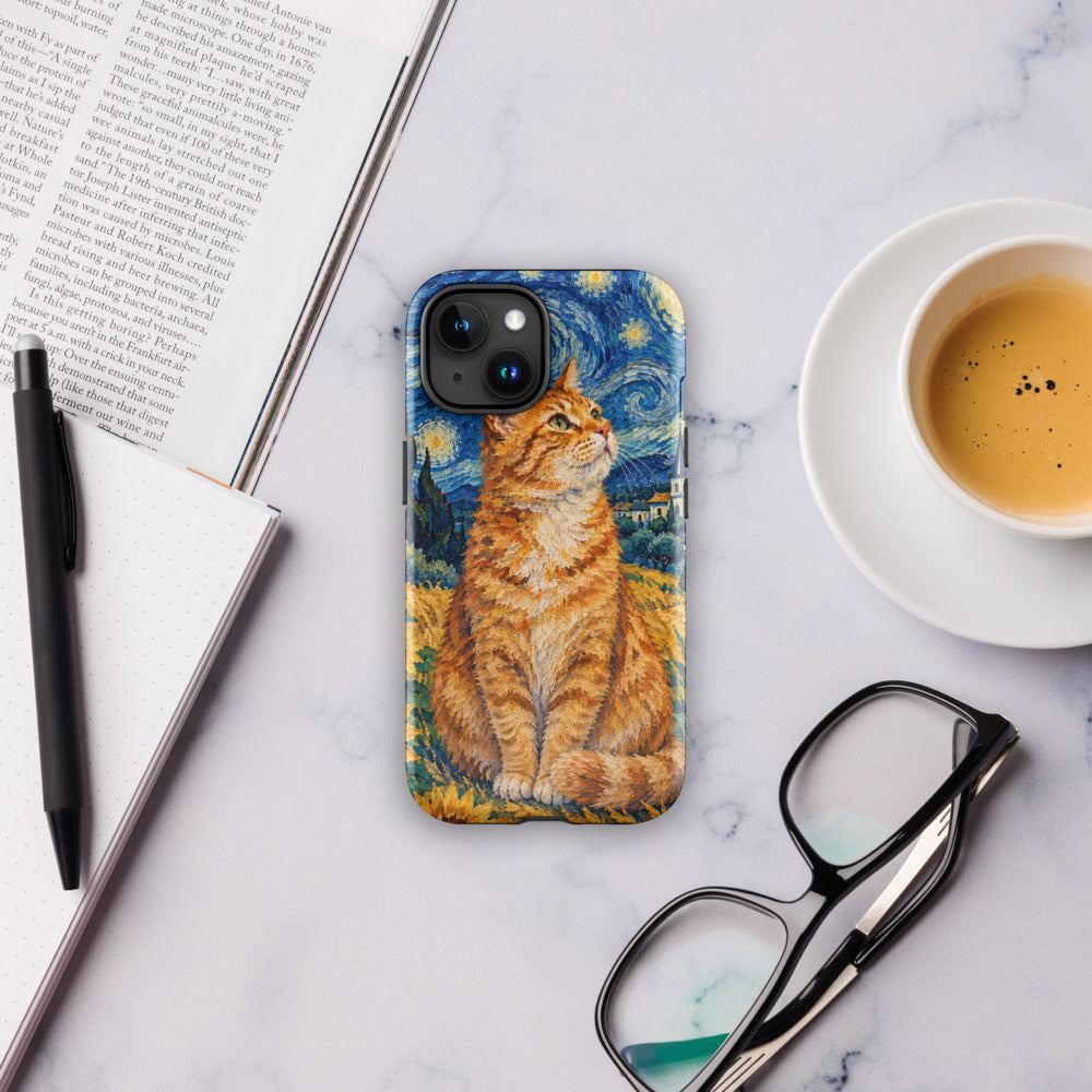 Custom cat portrait phone case, Van Gogh style, lifestyle