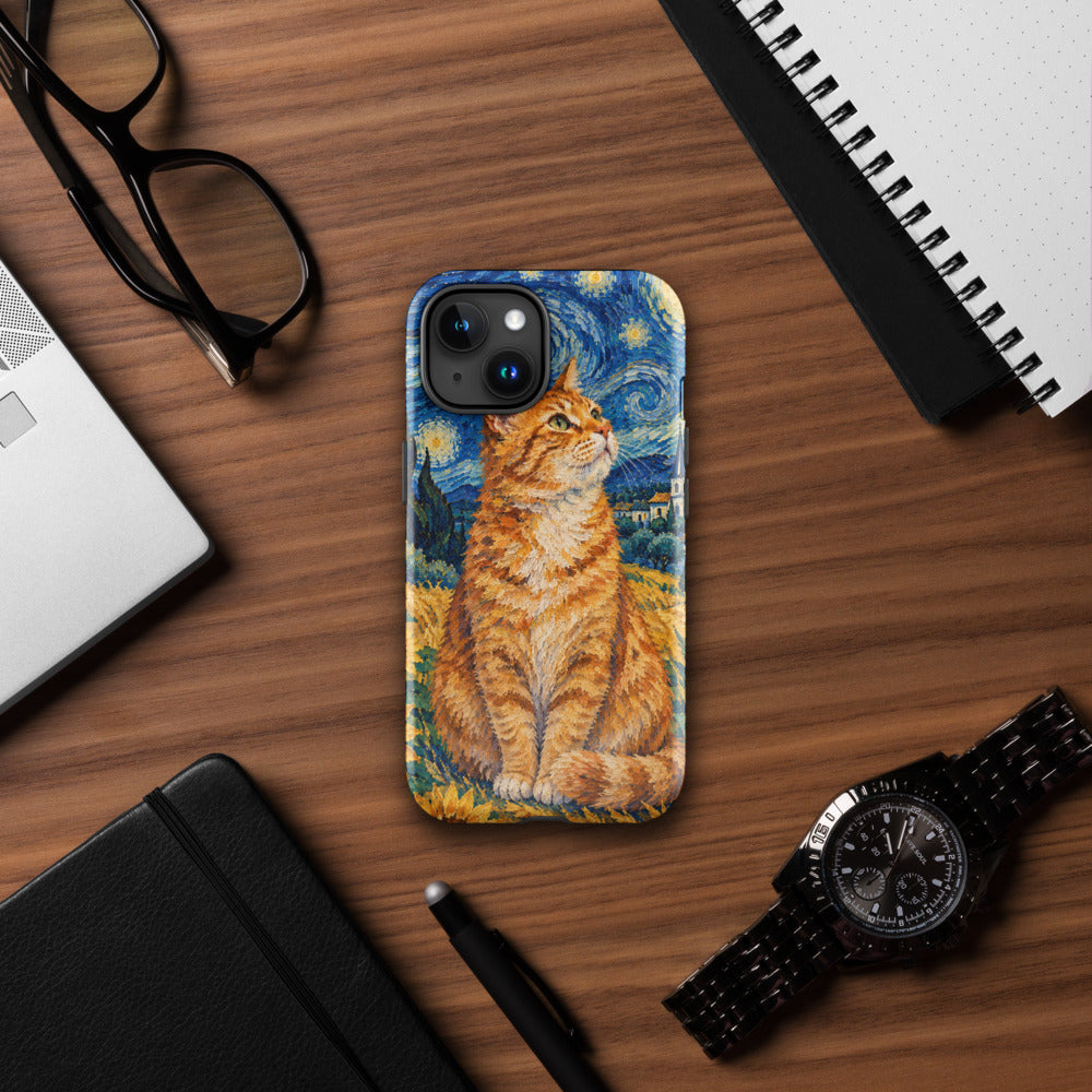 Custom cat portrait phone case, Van Gogh style, lifestyle