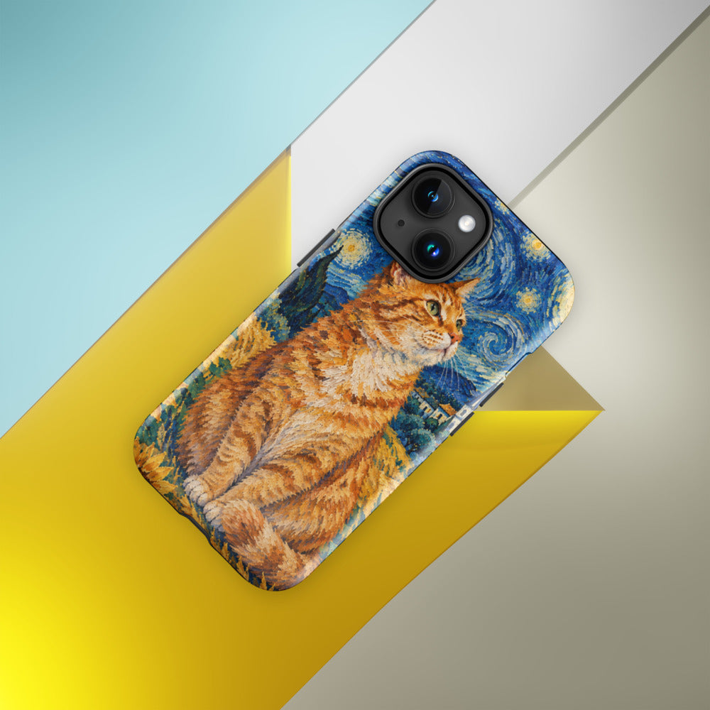 Custom cat portrait phone case, Van Gogh style, lifestyle