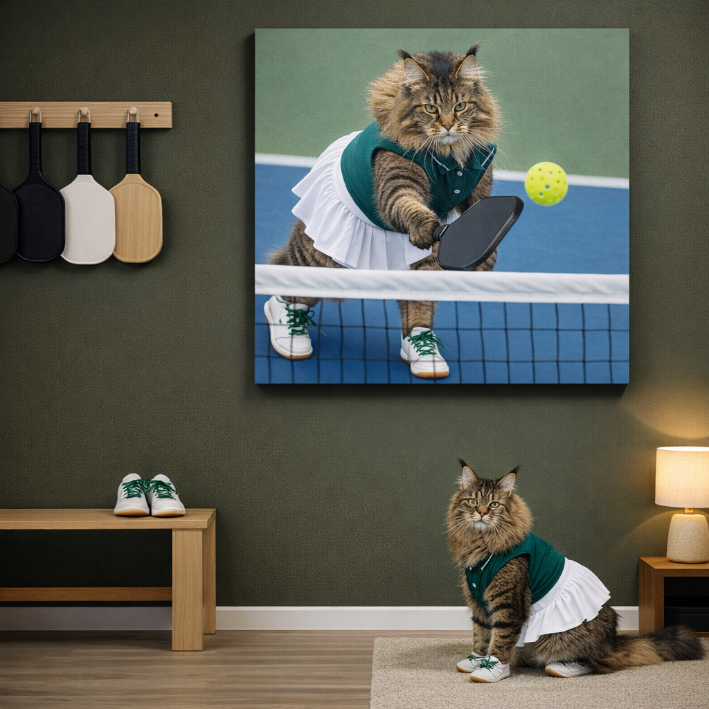 Pickleball Action Canvas room mockup; custom cat portrait canvas from photo in the Pickleball Action style; sport-themed; longhair cat; proof before print.