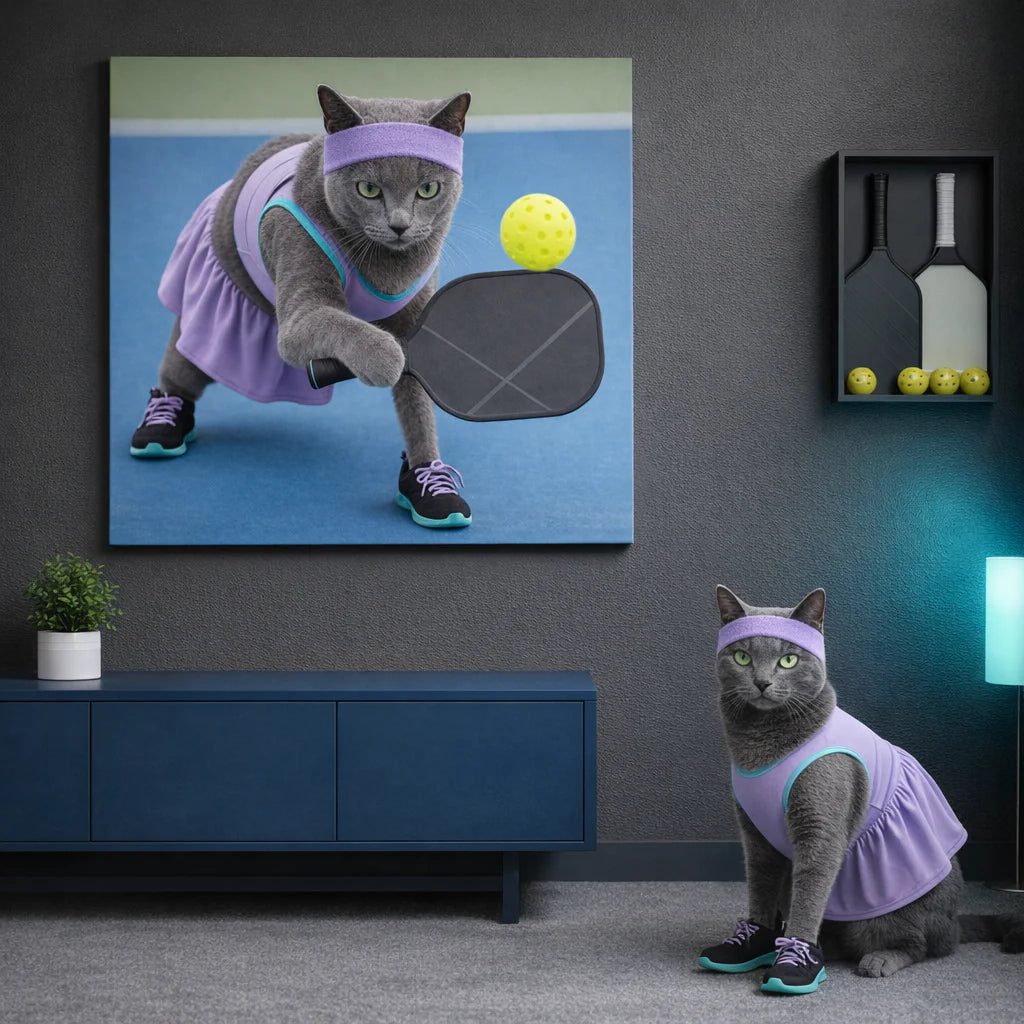 Pickleball Action Canvas room mockup; custom cat portrait canvas from photo in the Pickleball Action style; sport-themed; gray cat; proof before print.