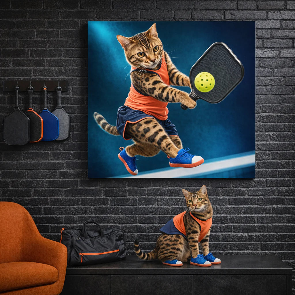 Pickleball Action Canvas room mockup; custom cat portrait canvas from photo in the Pickleball Action style; sport-themed; spotted tabby-like cat; proof before print.