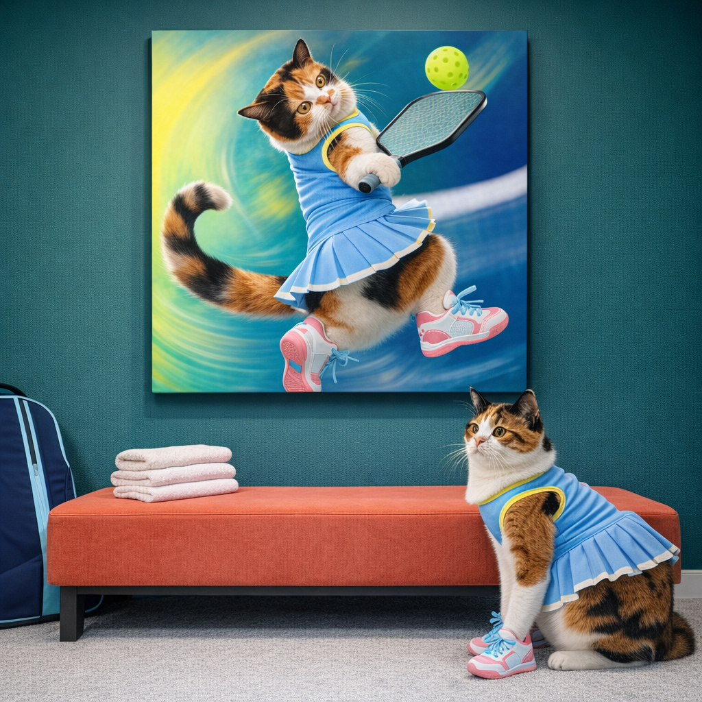 Pickleball Action Canvas room mockup; custom cat portrait canvas from photo in the Pickleball Action style; sport-themed; calico cat; proof before print.