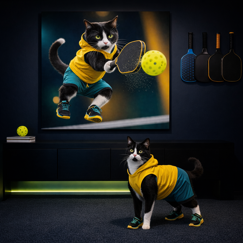 Pickleball Action Canvas room mockup; custom cat portrait canvas from photo in the Pickleball Action style; sport-themed; tuxedo cat; proof before print.