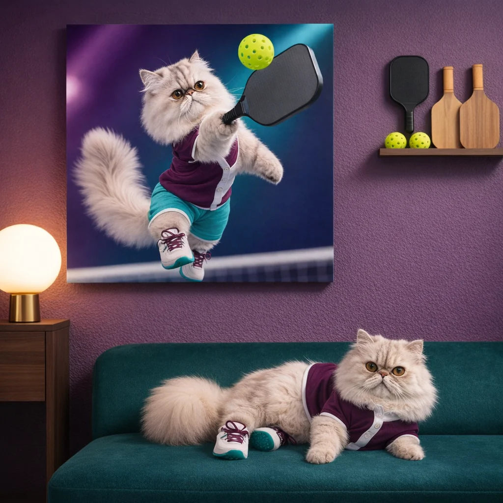 Pickleball Action Canvas room mockup; custom cat portrait canvas from photo in the Pickleball Action style; sport-themed; longhair cat; proof before print.