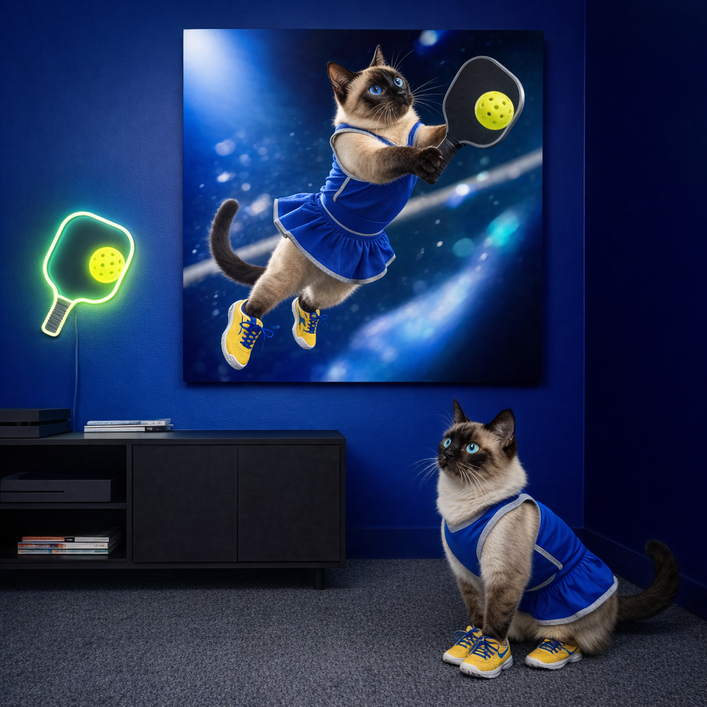 Pickleball Action Canvas room mockup; custom cat portrait canvas from photo in the Pickleball Action style; sport-themed; pointed cat; proof before print.