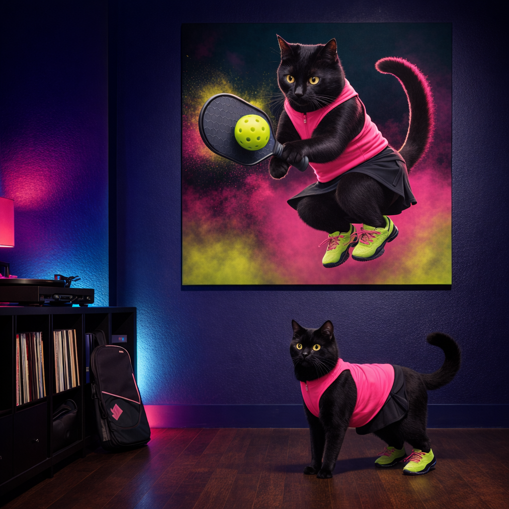 Pickleball Action Canvas room mockup; custom cat portrait canvas from photo in the Pickleball Action style; sport-themed; black cat; proof before print.