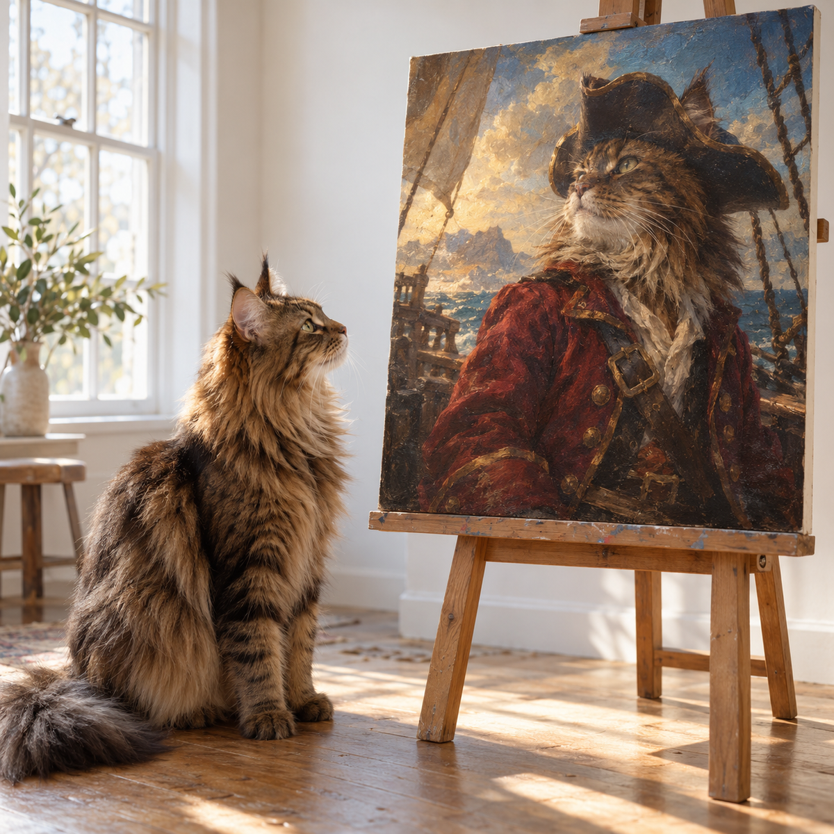 Maine coon cat beside its pirate style canvas portrait