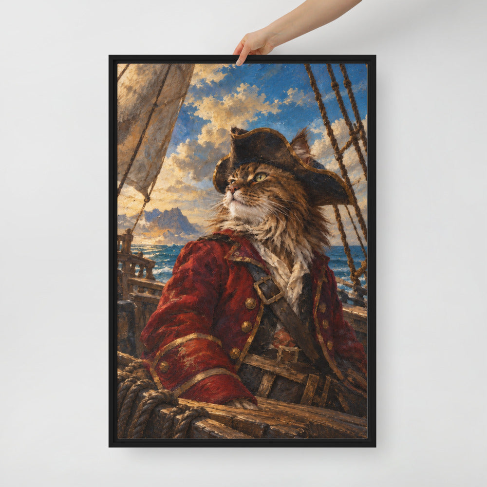 Pirate cat portrait canvas print, 24 x 36 in, in a black floating frame