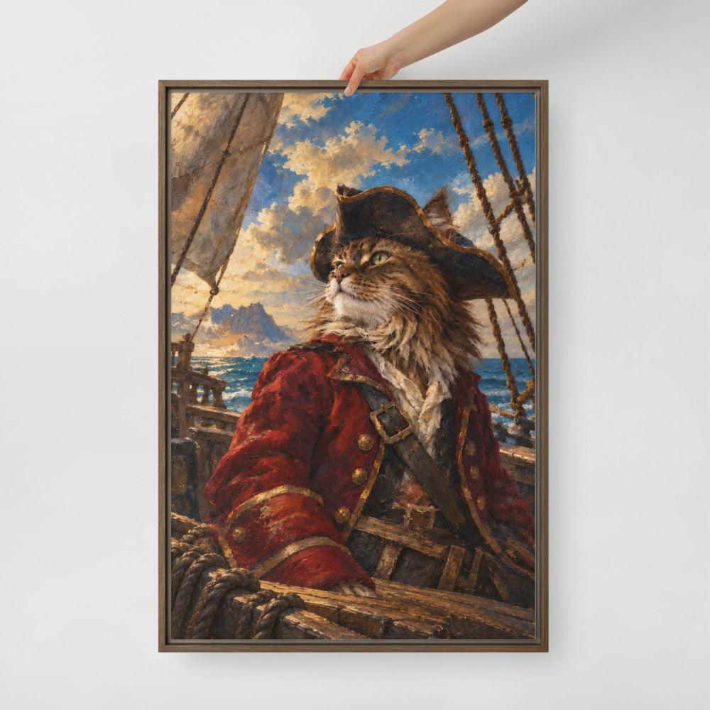 Pirate cat portrait canvas print, 24 x 36 in, in a brown floating frame
