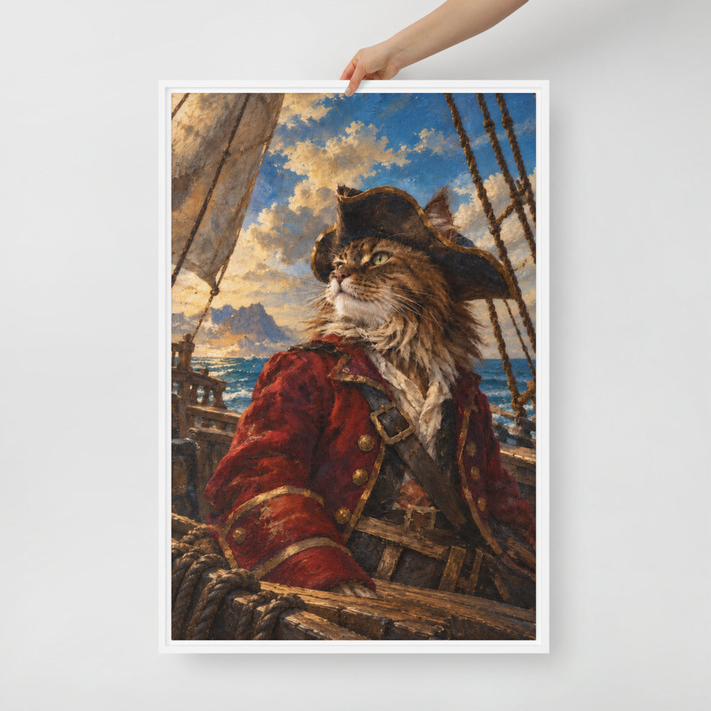 Pirate cat portrait canvas print, 24 x 36 in, in a white floating frame