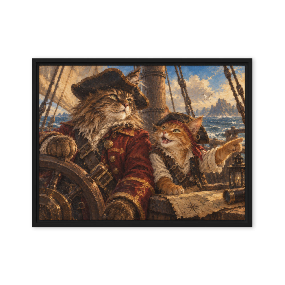 Pirate portrait of 2 cats, canvas print in a black floating frame