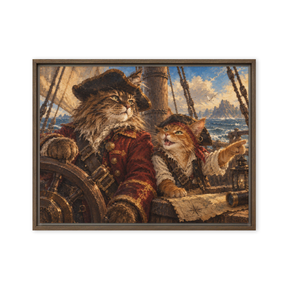 Pirate portrait of 2 cats, canvas print in a brown floating frame