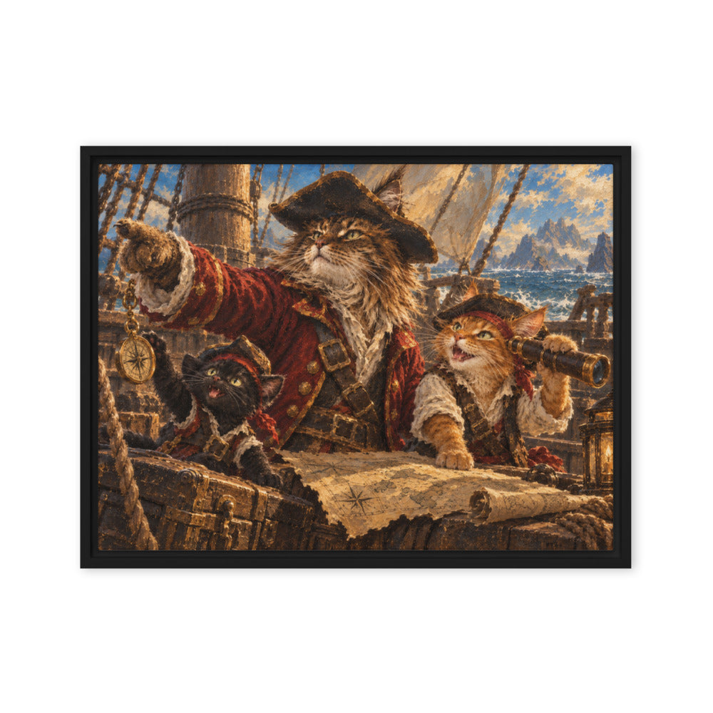 Pirate portrait of 3 cats, canvas print in a black floating frame